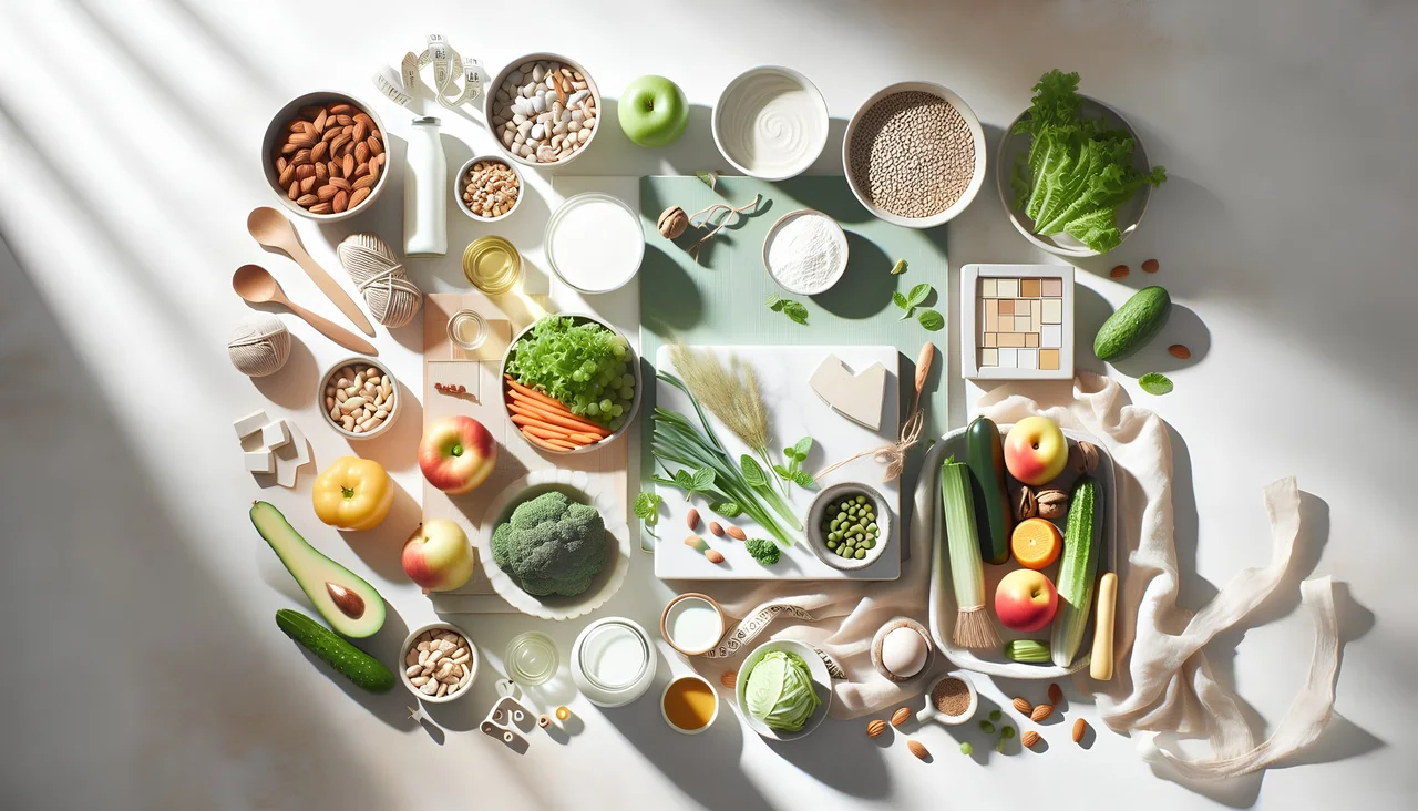 A bright table of whole foods: vegetables, fruit, nuts, and grains