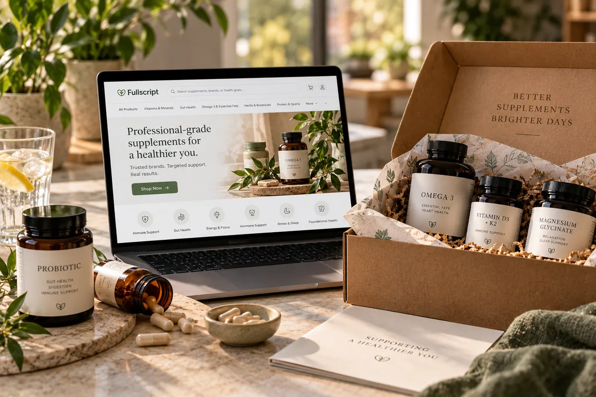 Professional-grade supplements beside a laptop showing the Fullscript store